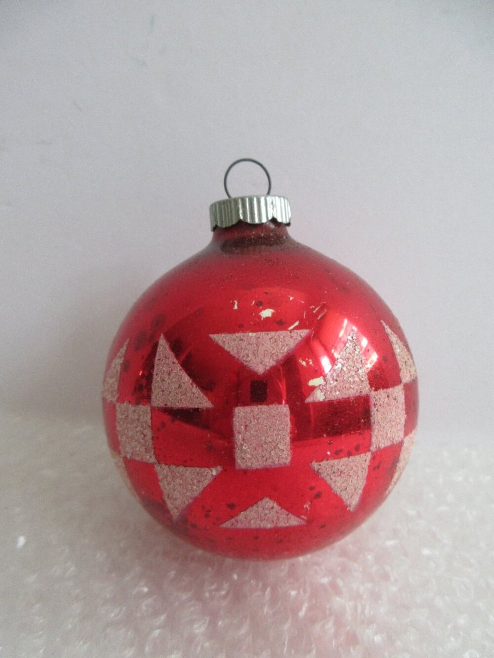 Shiny Brite Red Glass Ornament Stencil White Glitter Geometric Pattern Vtg 2.5"